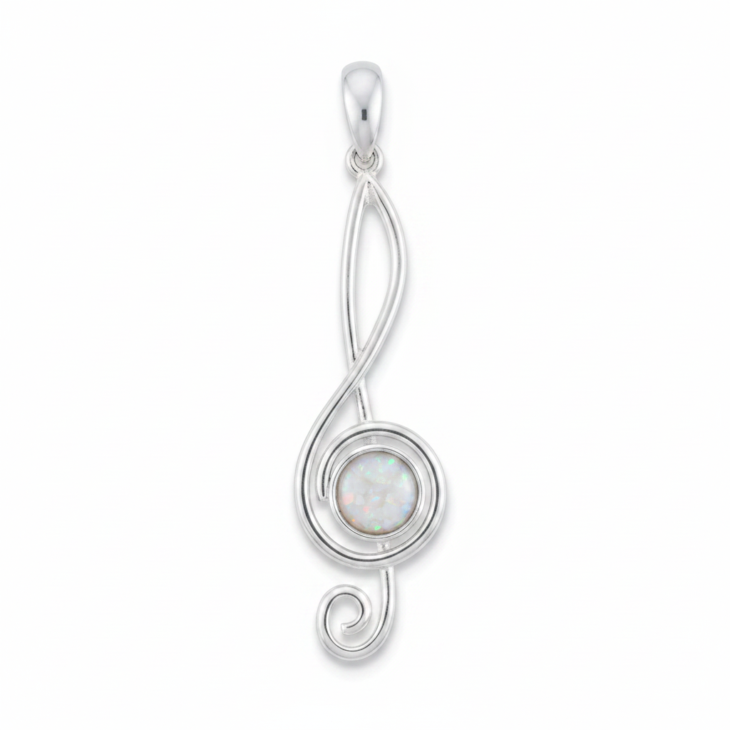 Silver 925 treble clef music note memorial pendant with white opal and mica, white background