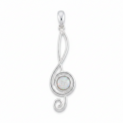 Silver 925 treble clef music note memorial pendant with white opal and mica, white background