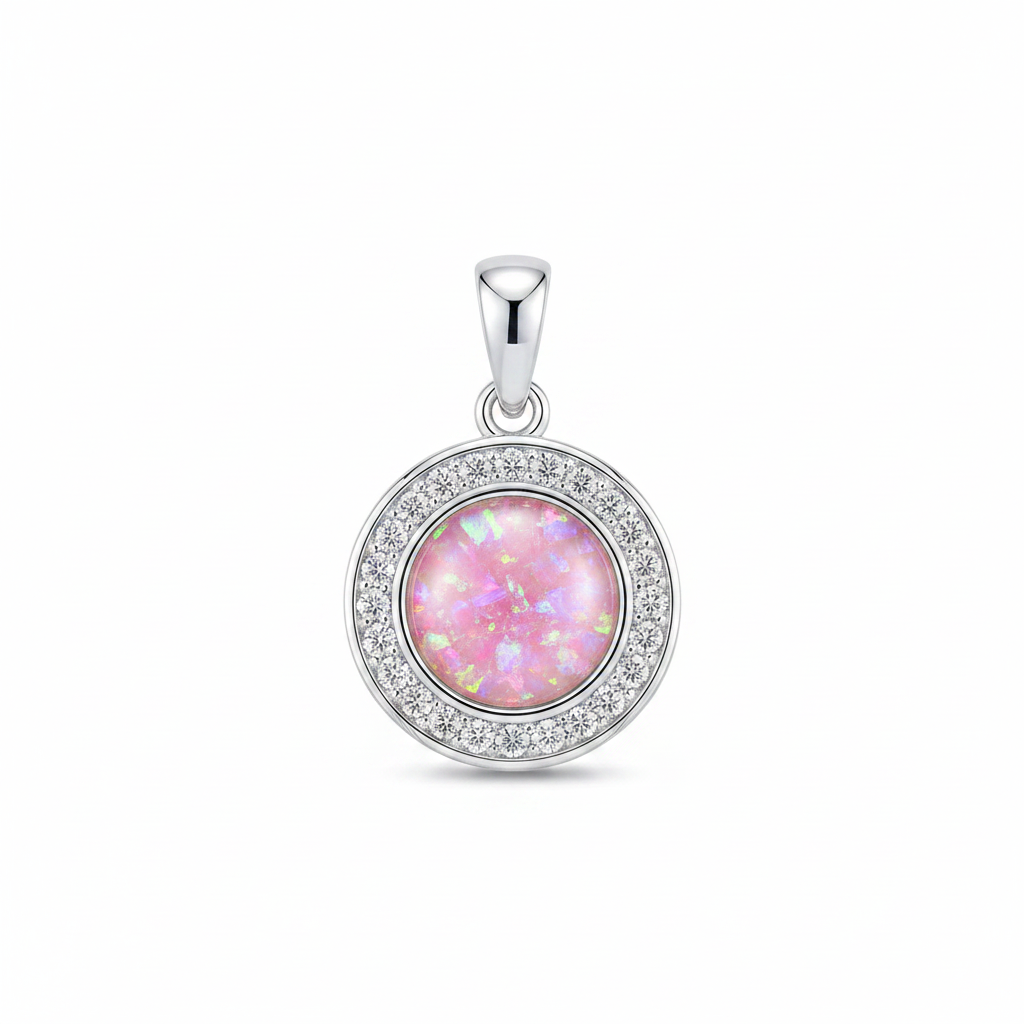 Solid silver 925 round halo CZ memorial pendant with pink opal flakes, white background