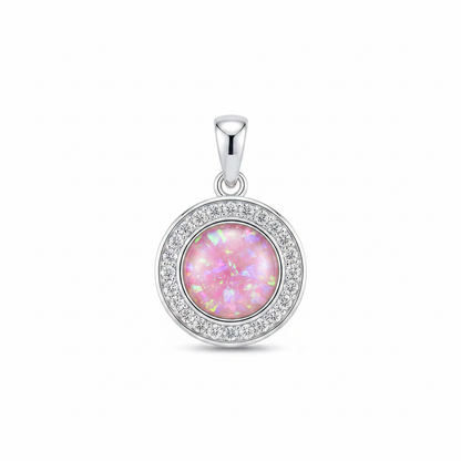 Solid silver 925 round halo CZ memorial pendant with pink opal flakes, white background