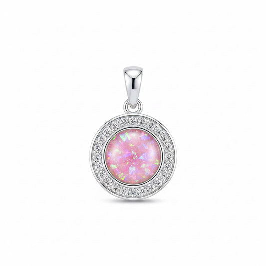 Solid silver 925 round halo CZ memorial pendant with pink opal flakes, white background
