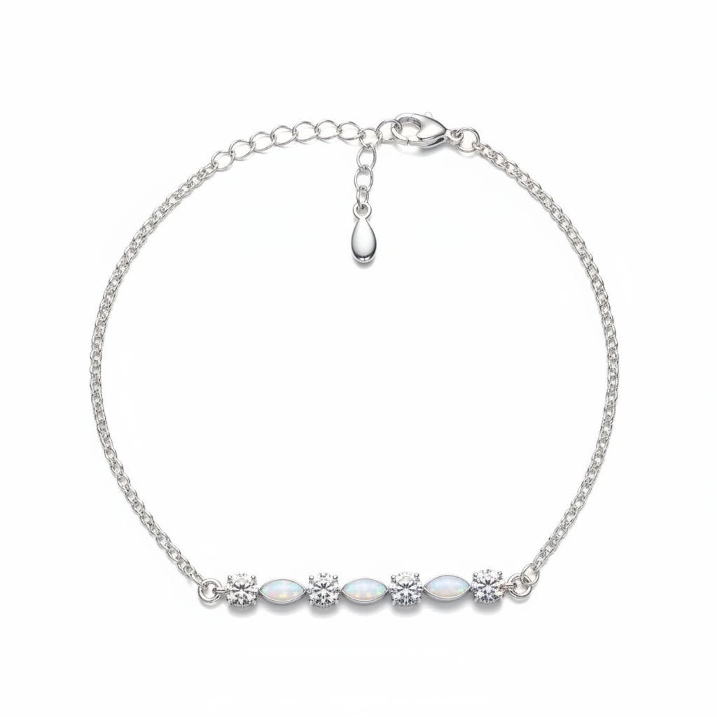 925 sterling silver CZ marquise memorial bracelet with white pearl opal shimmer resin in marquise bezels on white background