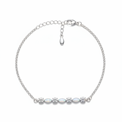 925 sterling silver CZ marquise memorial bracelet with white pearl opal shimmer resin in marquise bezels on white background