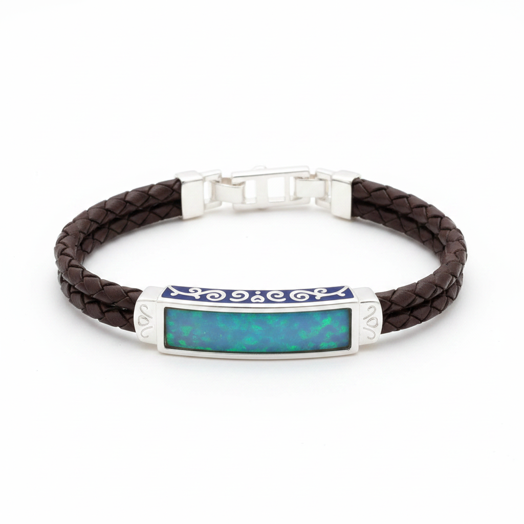 Solid Silver Gents Memorial Bracelet – blue teal opal inclusion