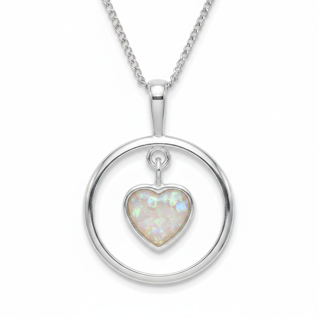 925 sterling silver circle pendant with floating heart bezel filled with white pearl opal and mica shimmer on white background