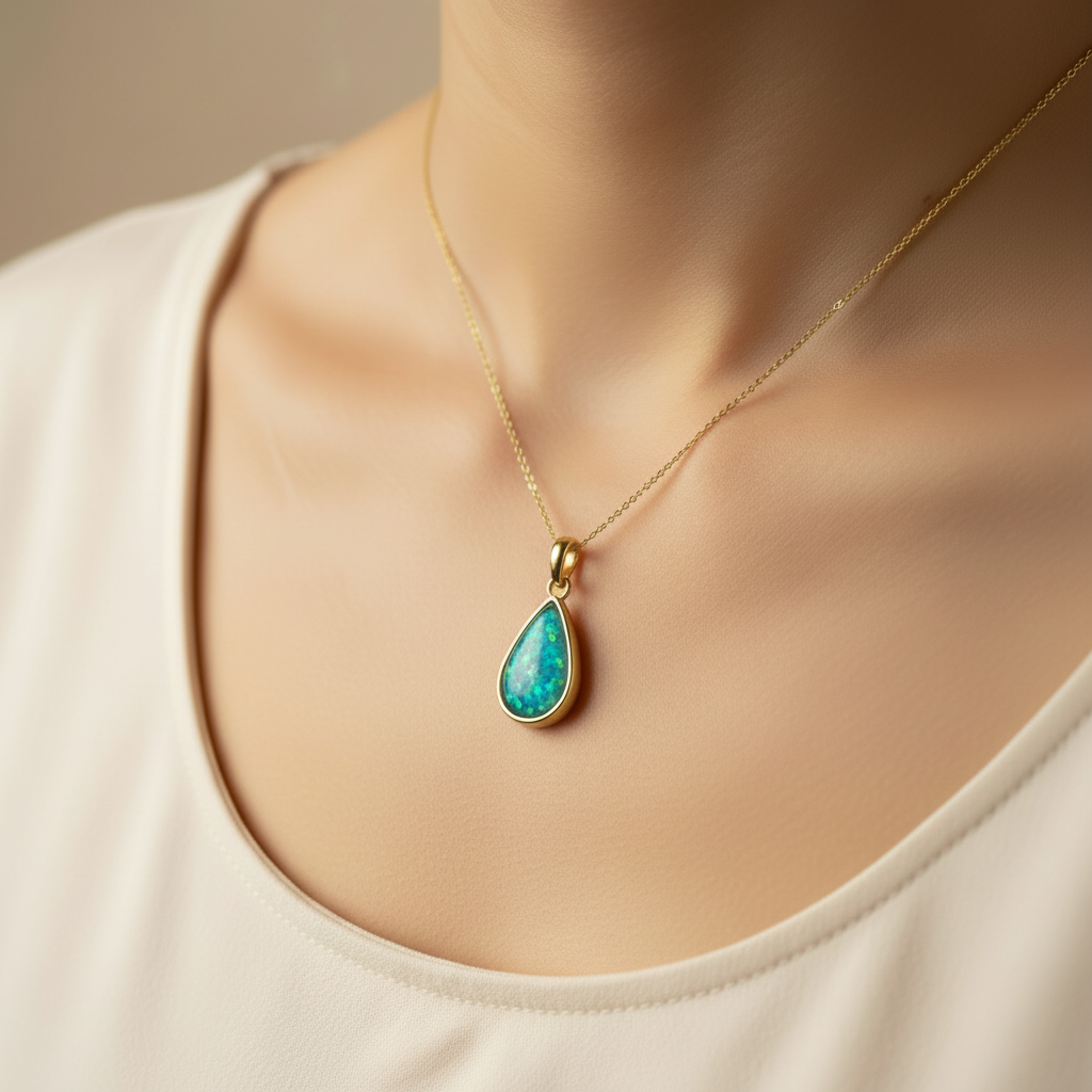 Model wearing gold large teardrop memorial pendant with turquoise opal flakes