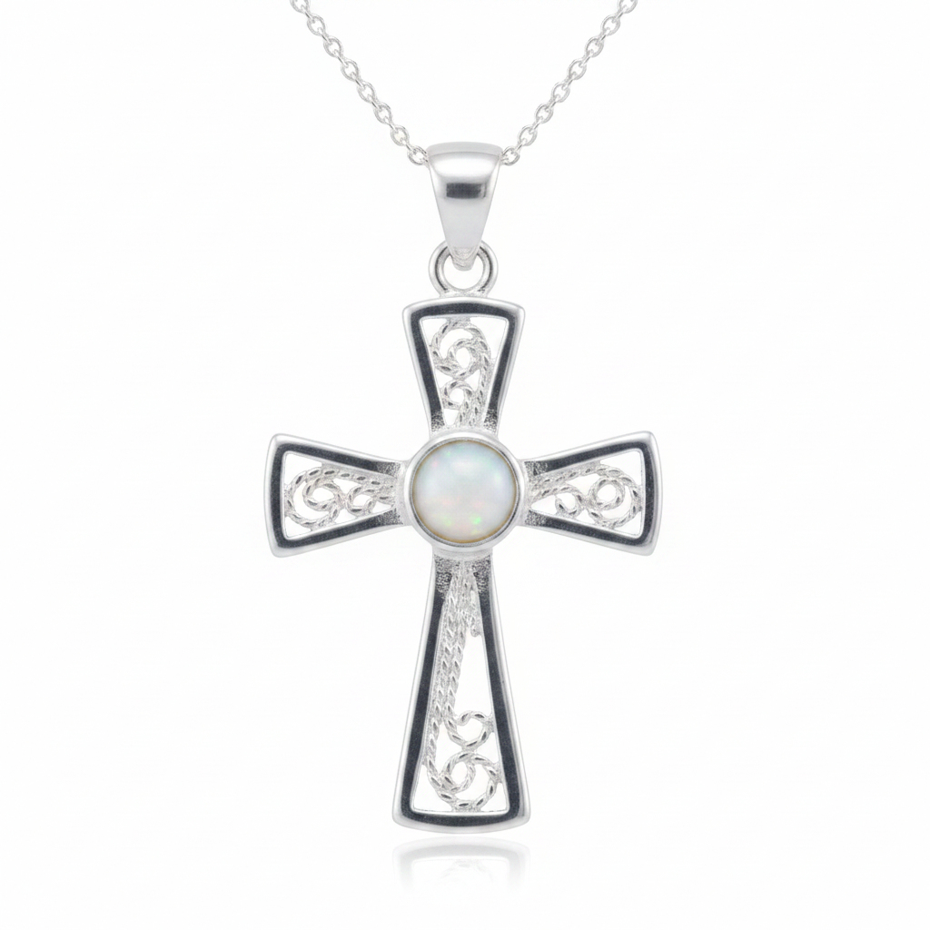 Silver 925 filigree cross memorial pendant — white pearl opal flakes resin in 4mm round centre setting