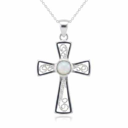 Silver 925 filigree cross memorial pendant — white pearl opal flakes resin in 4mm round centre setting