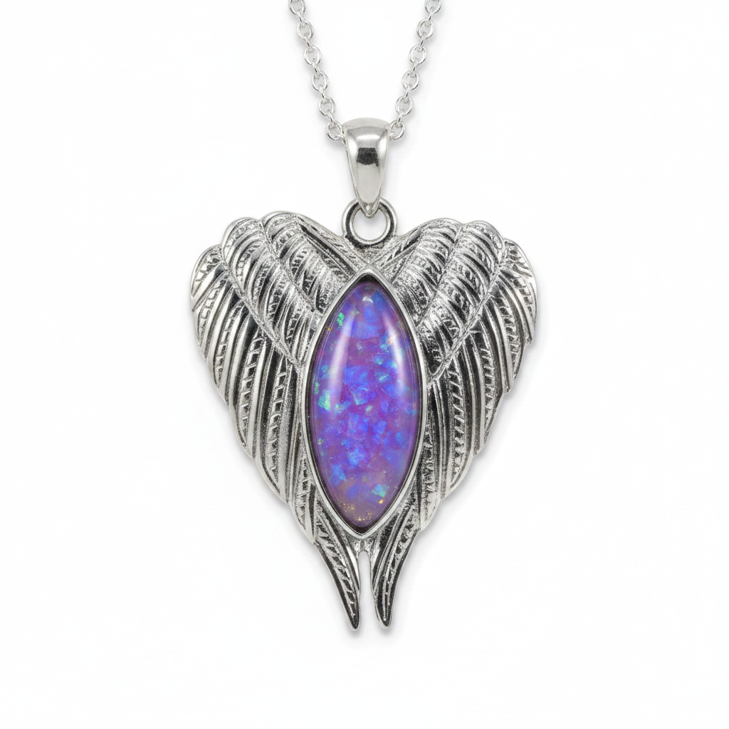 Silver 925 angel wings memorial pendant — lavender purple opal flakes domed resin inclusion