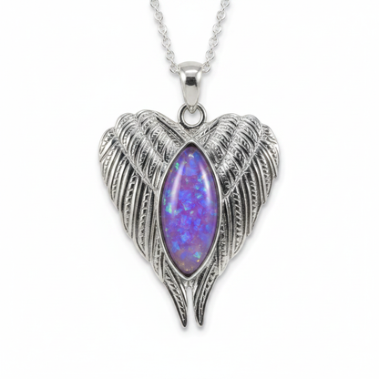 Silver 925 angel wings memorial pendant — lavender purple opal flakes domed resin inclusion
