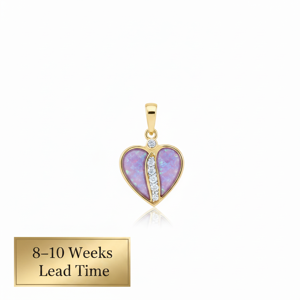 9ct Gold Crystal Divided Heart CZ Pendant — lavender opal resin with 8-10 weeks lead time sticker