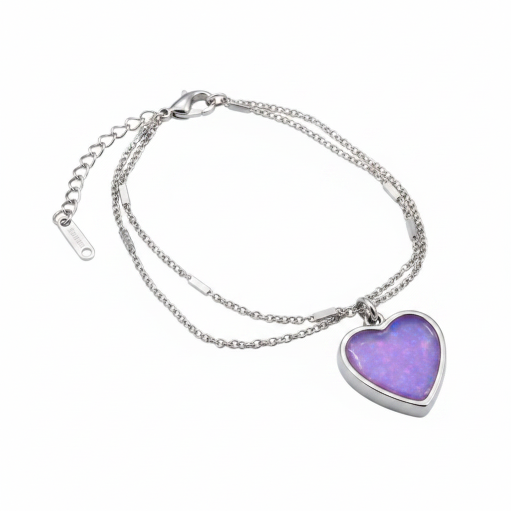 Double chain heart memorial bracelet with lavender purple opal resin inclusion