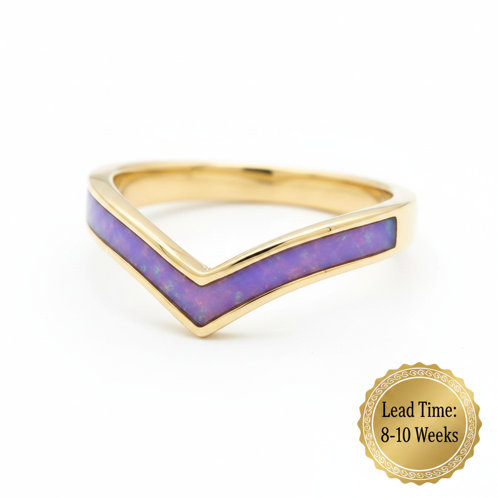 9ct gold plain wishbone ring with lavender opal resin channel, white background, lead time 8-10 weeks sticker