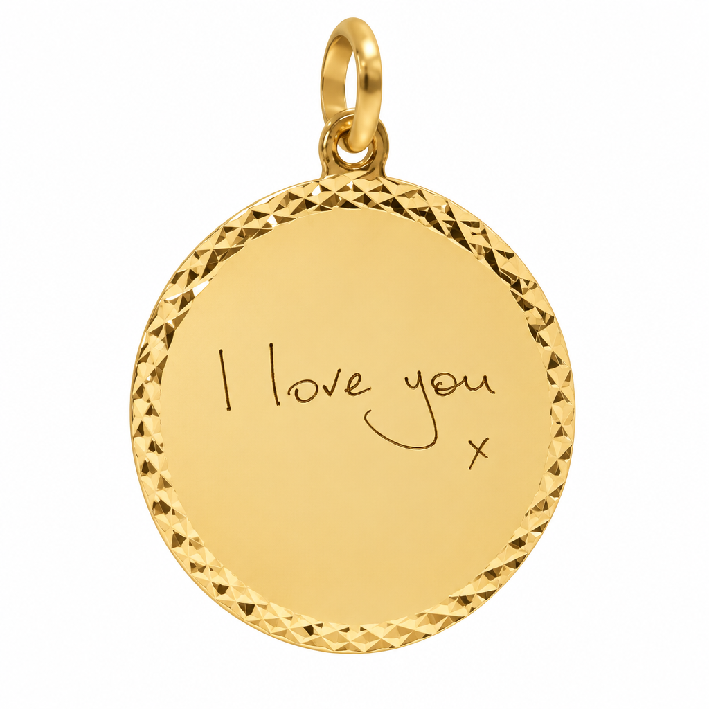 Illustrative handwriting engraved yellow gold 21mm round border pendant without chain, white background