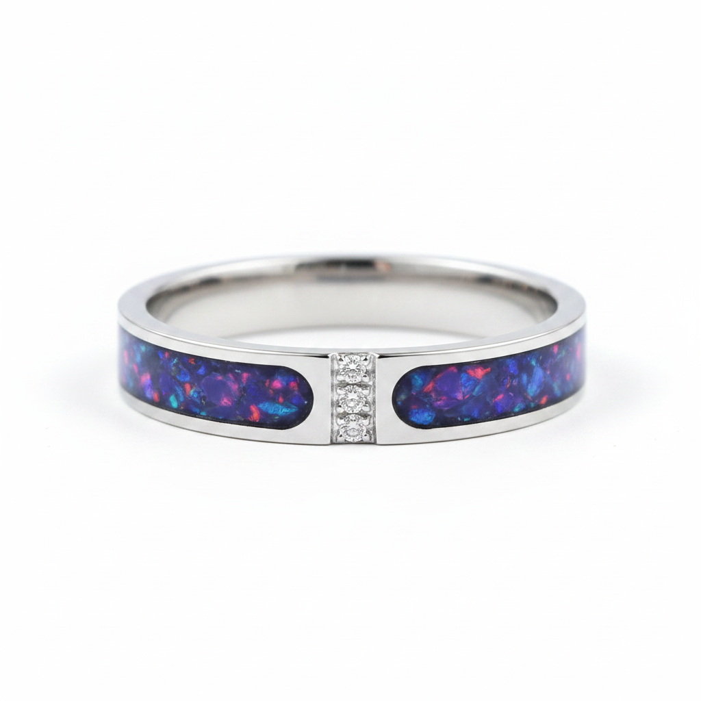 Zircon part channel memorial ring in lavender purple opal stainless steel