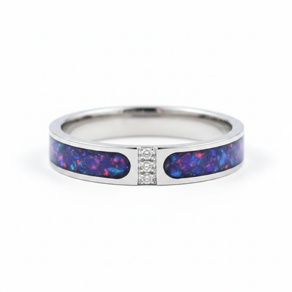 Zircon part channel memorial ring in lavender purple opal stainless steel