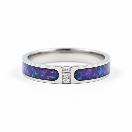 Zircon part channel memorial ring in lavender purple opal stainless steel