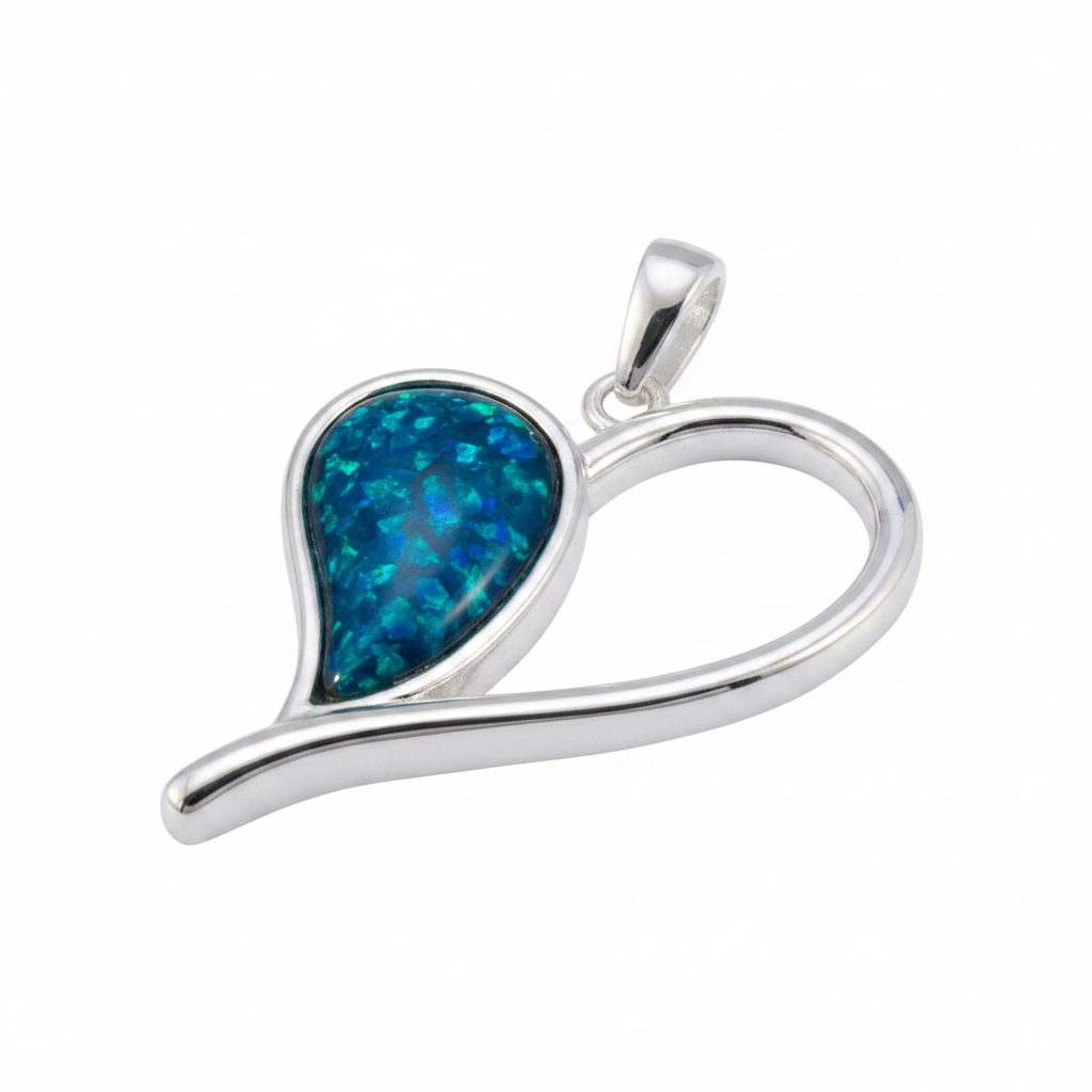 Silver 925 open heart memorial pendant — blue teal opal flakes resin inclusion