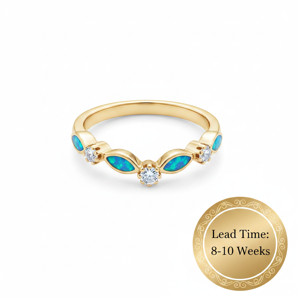 9ct gold half wishbone marquise CZ ring with blue teal opal resin in marquise settings, white background, lead time 8-10 weeks sticker