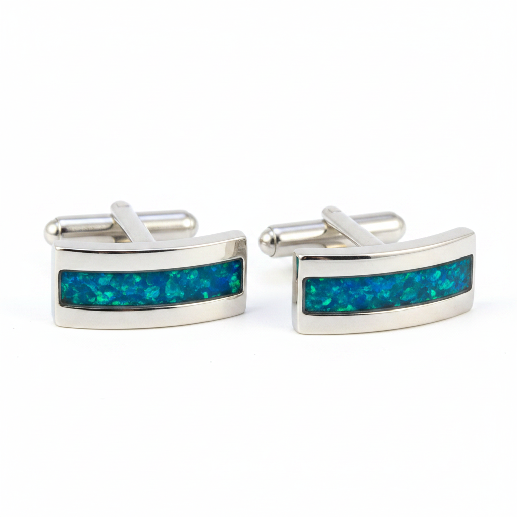 Silver 925 curved rectangular channel cufflinks with blue teal opal resin in 3x20mm channel on white background