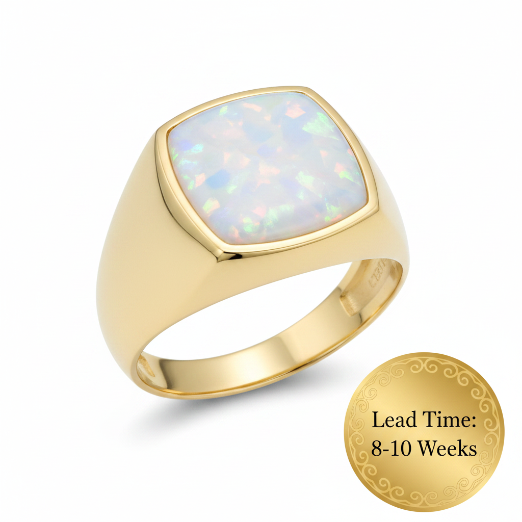 9ct gold unisex square signet ring with white pearl opal resin, lead time 8-10 weeks sticker