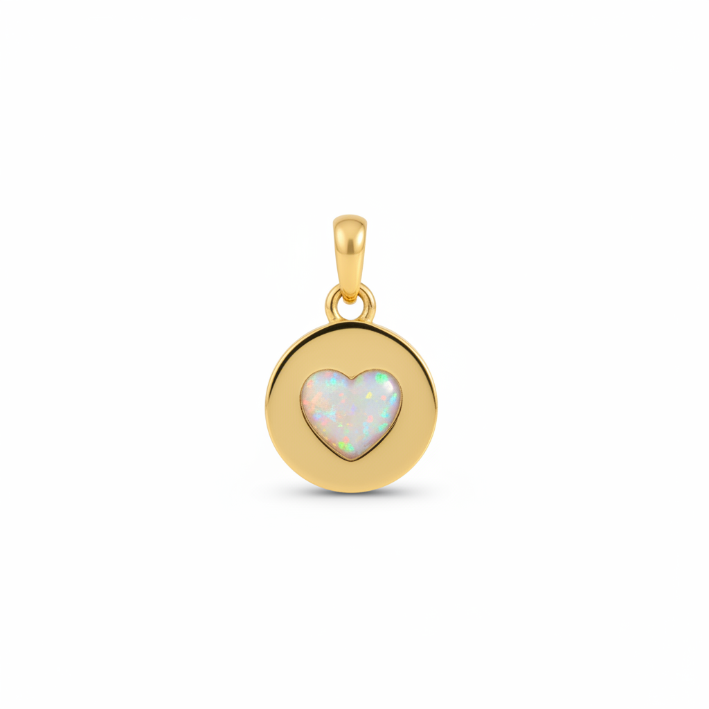 9ct gold heart disc memorial pendant with open heart cut-out filled with white pearl iridescent opal resin