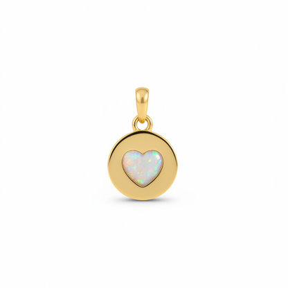 9ct gold heart disc memorial pendant with open heart cut-out filled with white pearl iridescent opal resin