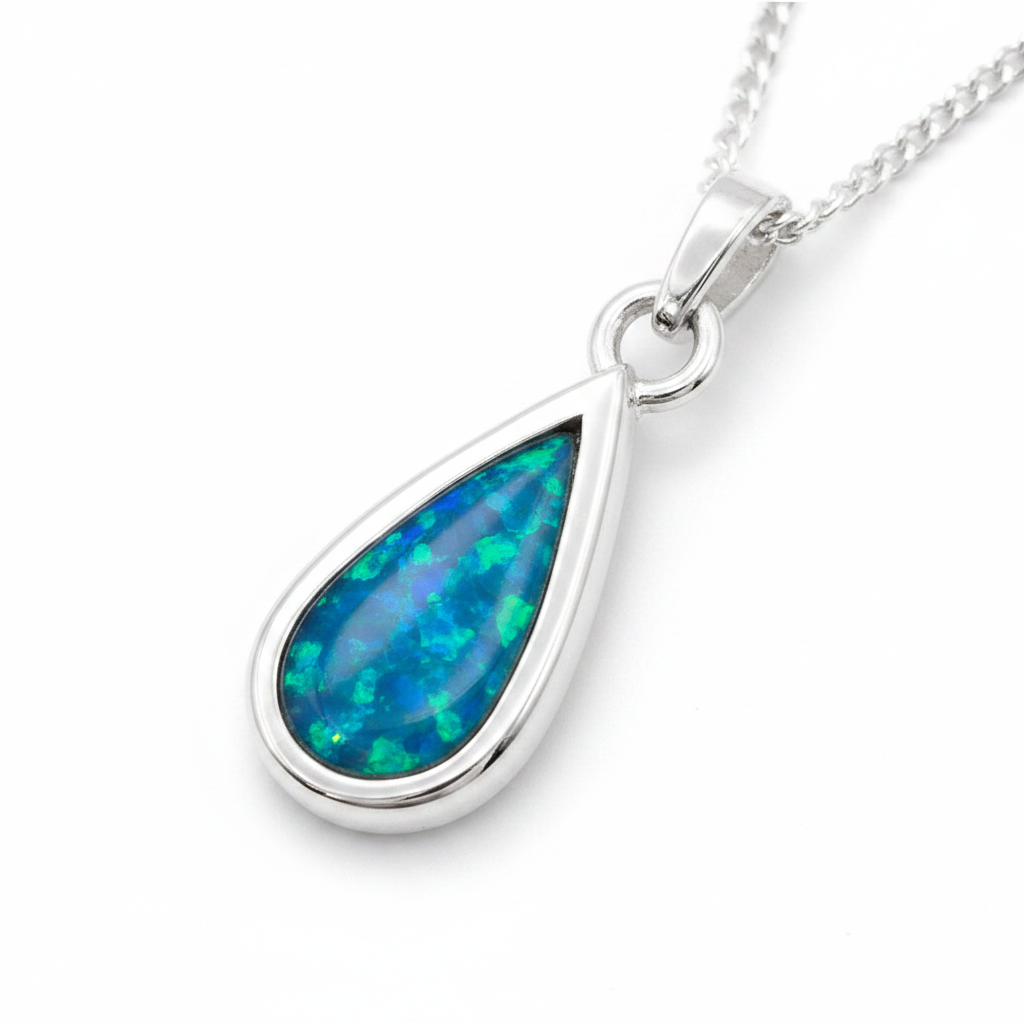 Small Thick Trim Teardrop 925 Silver Memorial Pendant with blue teal opal resin — white background