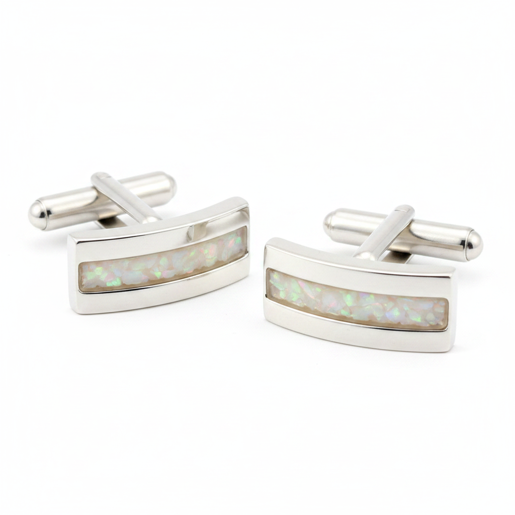 Silver 925 curved rectangular channel cufflinks with white pearl opal resin in 3x20mm channel on white background
