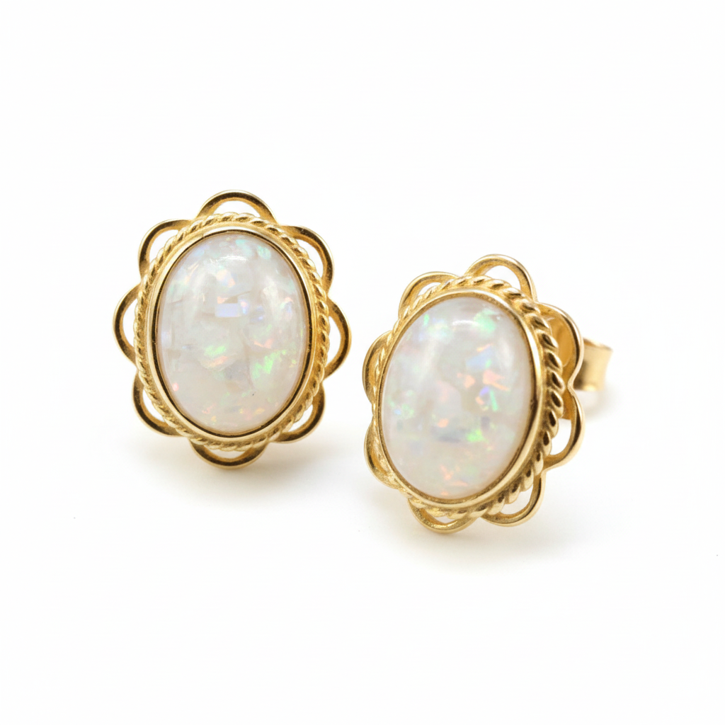 Gold frill edge oval stud earrings with white opal memorial resin