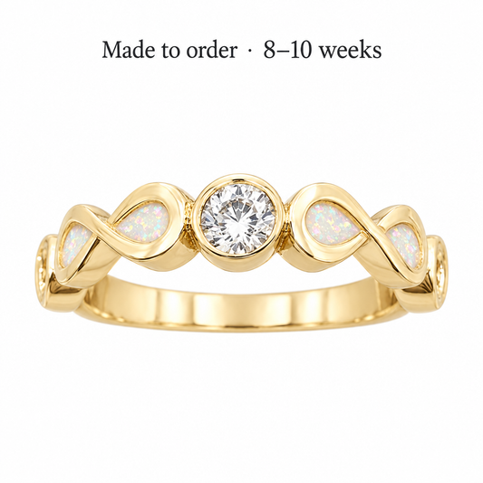 Illustrative 9ct gold Double Infinity CZ memorial ring with pearl white opal resin inclusions