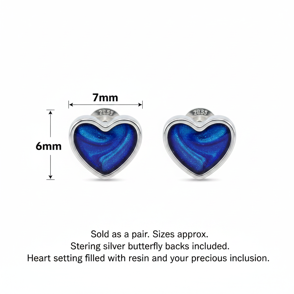 Silver 925 small heart memorial stud earrings dimensions guide — 7x6mm heart setting, sold as pair with butterfly backs