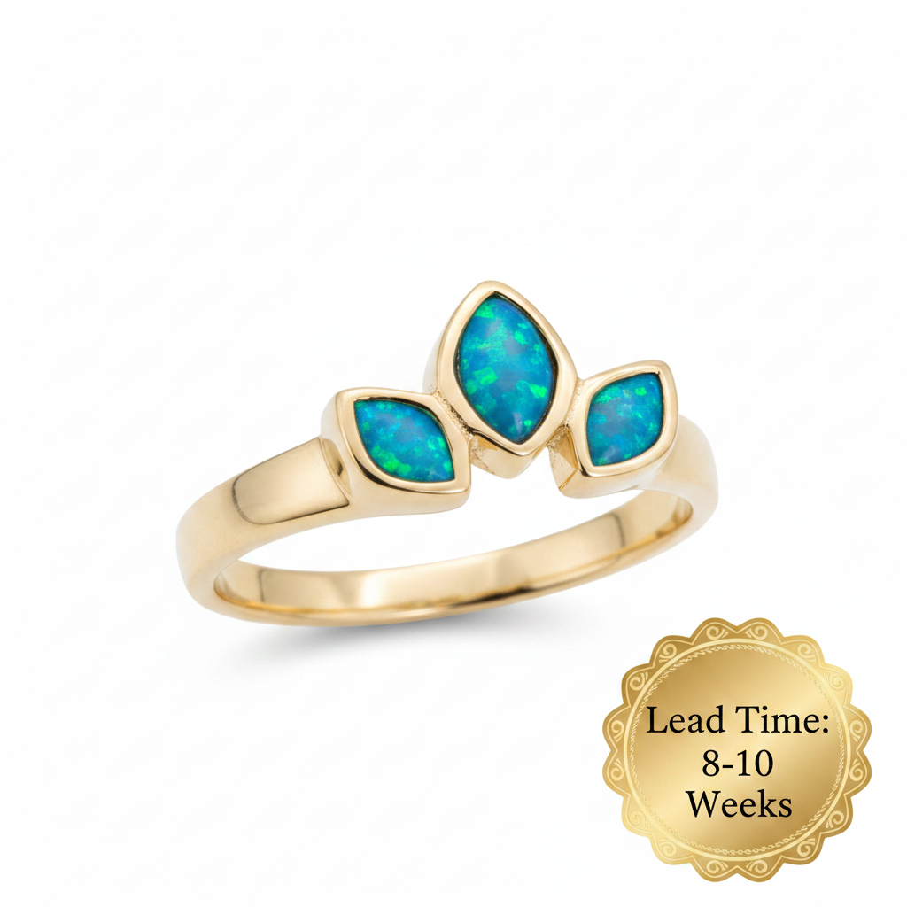 9ct gold triple leaf marquise ring with blue teal opal resin, white background, lead time 8-10 weeks sticker