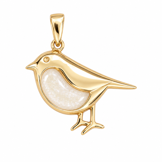 Illustrative 9ct yellow gold Robin pendant only with pearl white mica resin in the breast recess, white background