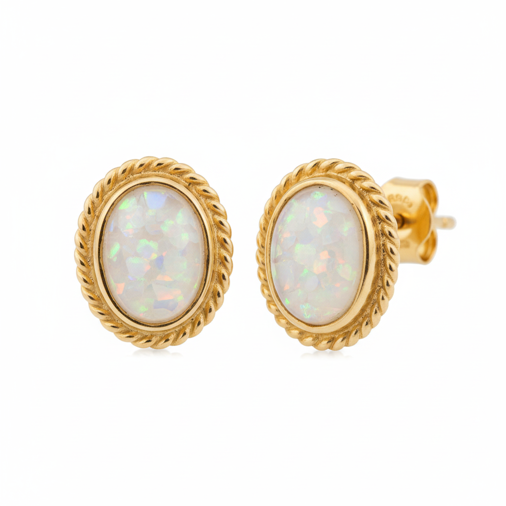 Gold rope edge oval stud earrings with white opal memorial resin