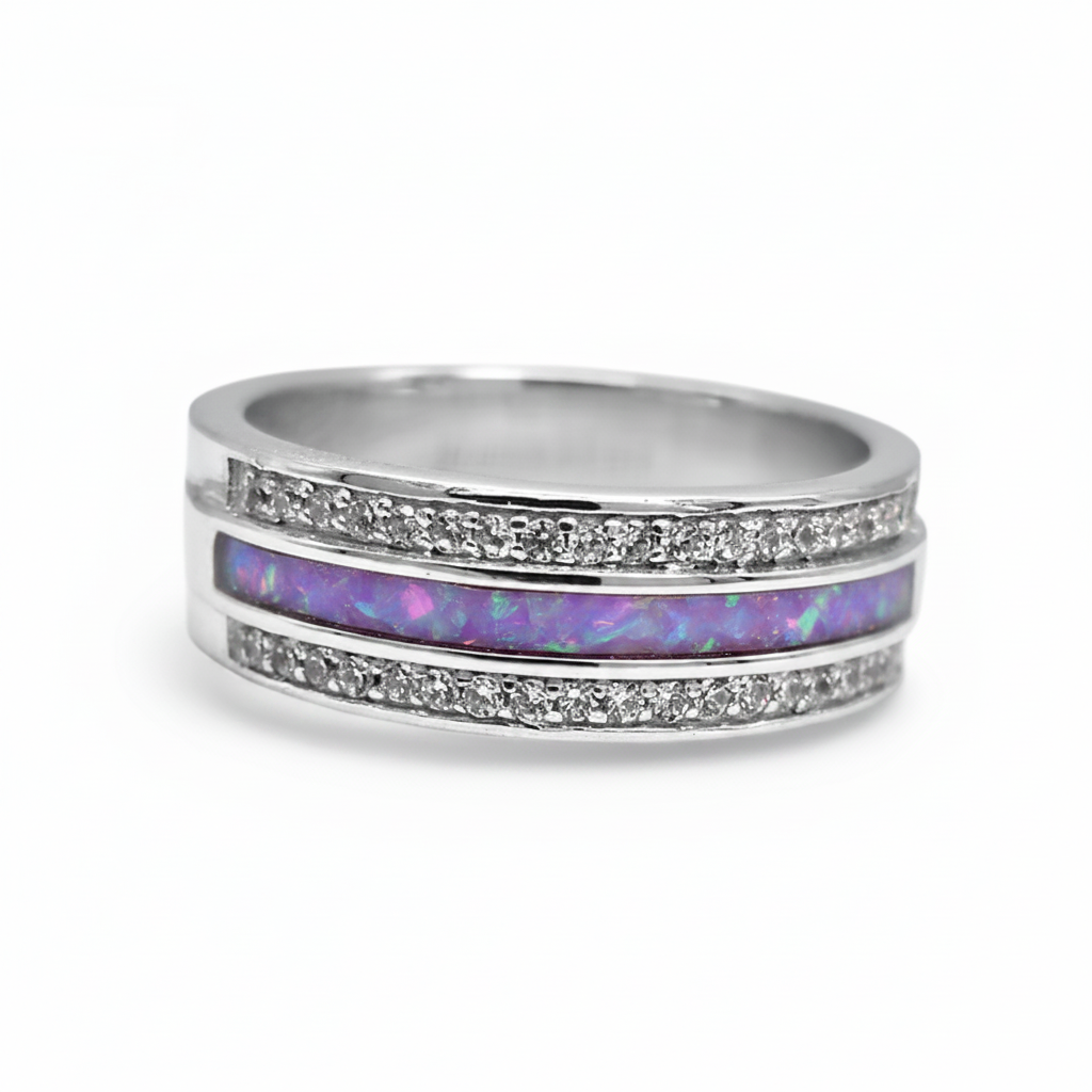 Silver 925 duo crystal ring band with lavender purple opal resin in channel groove on white background