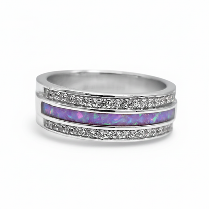 Silver 925 duo crystal ring band with lavender purple opal resin in channel groove on white background
