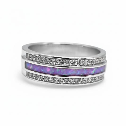 Silver 925 duo crystal ring band with lavender purple opal resin in channel groove on white background