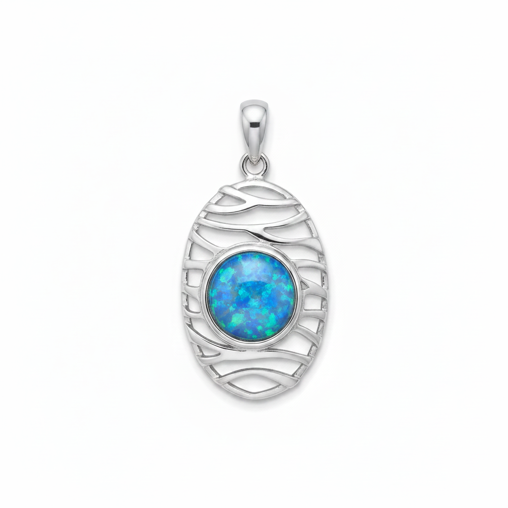 Silver 925 oval wave memorial pendant with blue opal flakes, white background