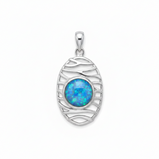 Silver 925 oval wave memorial pendant with blue opal flakes, white background