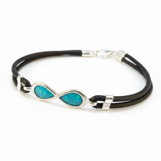 Silver 925 infinity memorial bracelet — blue teal opal flakes resin in both infinity loop settings on black leather cord