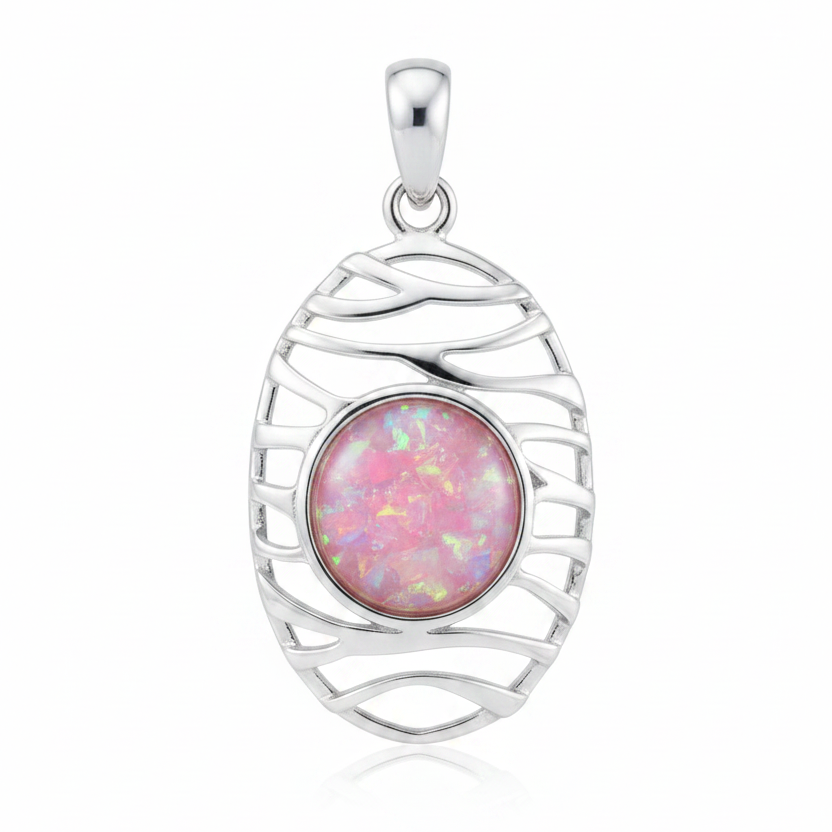 Silver 925 oval wave memorial pendant with pink opal flakes, white background
