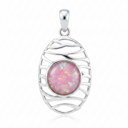 Silver 925 oval wave memorial pendant with pink opal flakes, white background