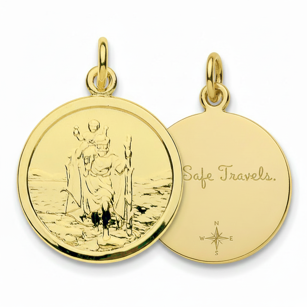 9ct yellow gold St Christopher pendant showing front embossed figure and reverse with laser engraved handwriting — Lovely Oxford