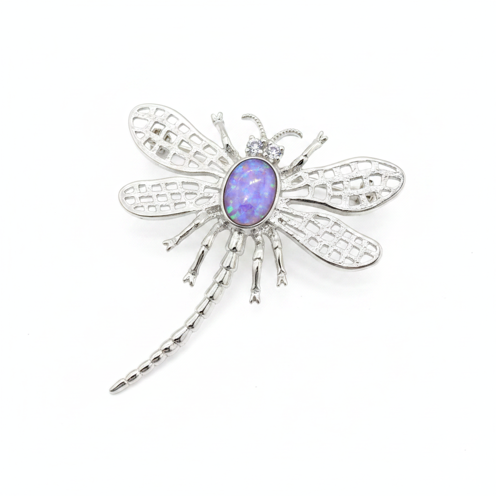 Silver 925 lattice wing dragonfly brooch with lavender purple opal resin in 8x6mm central setting on white background