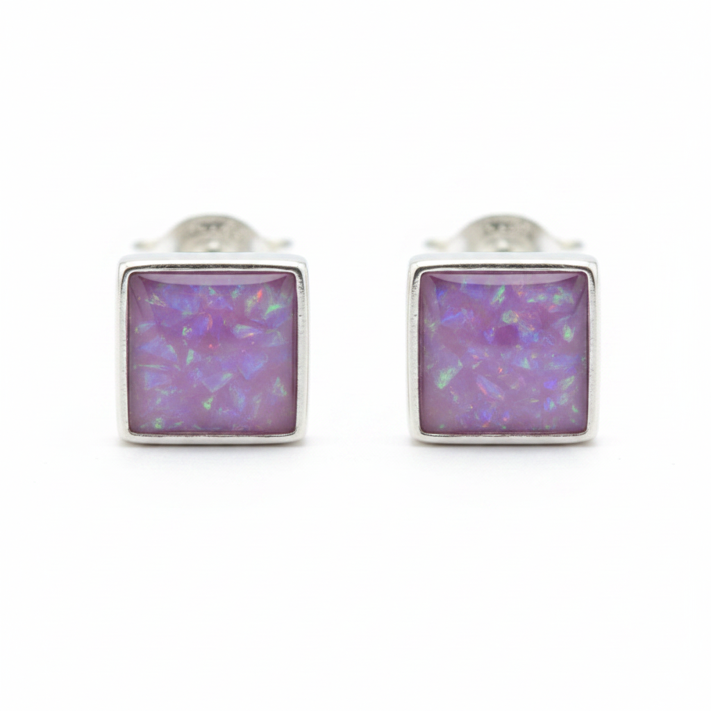 Silver 925 square memorial stud earrings — lavender purple opal flakes resin in 6mm square setting