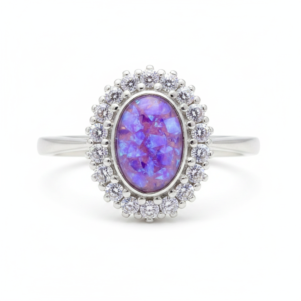 925 sterling silver oval CZ halo memorial ring with lavender purple opal flakes in flat oval resin setting on white background