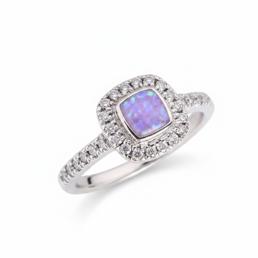 Silver 925 CZ square cushion ring with lavender purple opal resin in 4x4mm centre setting on white background