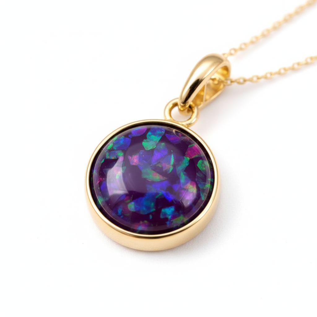 9ct gold circle memorial pendant with purple and green opal flake inclusions