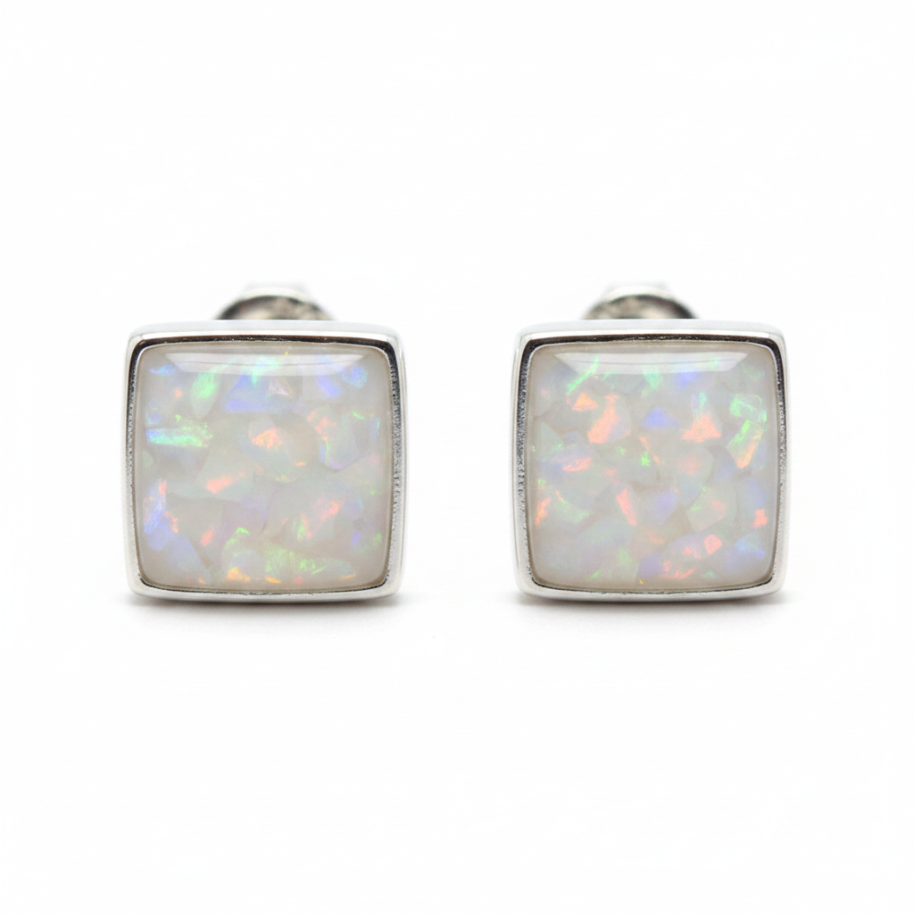 Silver 925 square memorial stud earrings — white pearl opal flakes resin in 6mm square setting